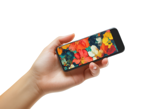 Hand holding a smartphone with a colorful floral screen isolated on transparent background. Mobile phone screen mockup in hand isolated on white background.