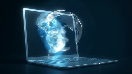Rotating digital earth globe hologram emerging from a laptop screen, showcasing vibrant blue and green hues in a futuristic display at night - Powered by Adobe