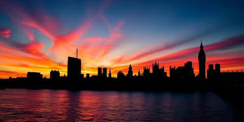 Iconic London skyline silhouette at sunset, dark against vibrant sky, design, cityscape
