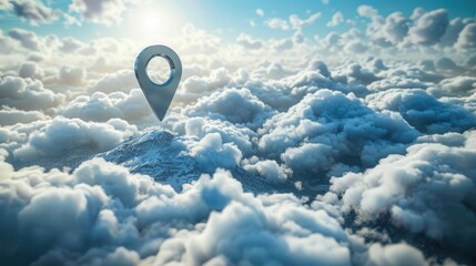 A 3D location point marker or navigation pin icon set against a backdrop of fluffy clouds.