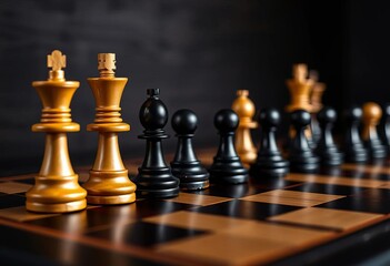 Close-up of chess pieces arranged on a dark wooden board, pawn, checkers