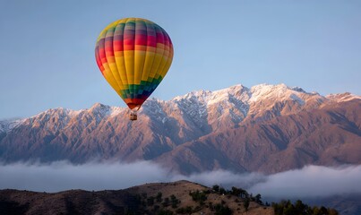 Fototapeta premium hot air balloon floating above snowy mountain range at sunrise