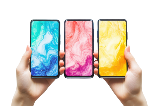 Hands holding smartphones with colorful abstract screens isolated on transparent background. Mobile phone screen mockup smartphone display set isolated on white background.