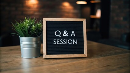 Wooden framed Q and A session message on a wooden surface