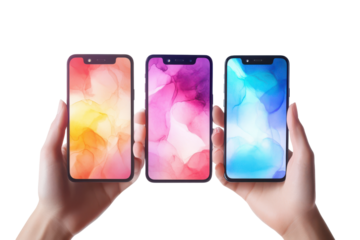 Hands holding smartphones with colorful abstract screens isolated on transparent background. Mobile phone screen mockup smartphone display set isolated on white background.