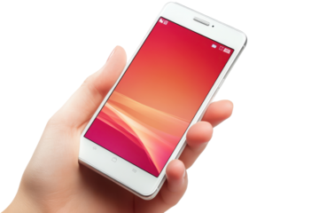 Hand holding a white smartphone with a vibrant red screen isolated on transparent background. Mobile phone screen mockup white smartphone display in hand isolated on white background.
