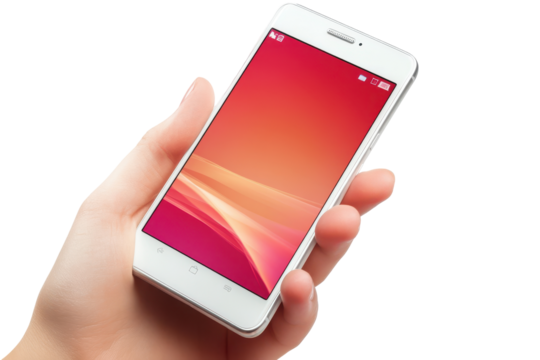 Hand holding a white smartphone with a vibrant red screen isolated on transparent background. Mobile phone screen mockup white smartphone display in hand isolated on white background. - Powered by Adobe