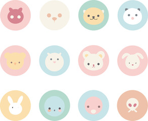 Fototapeta premium Collection of twelve adorable kawaii animal faces in soft pastel circles perfect for children s designs and cute illustrations