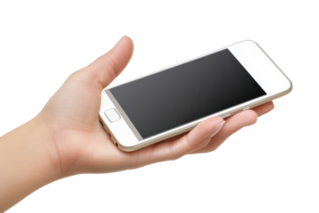 Hand holding a white smartphone isolated on transparent background. Mobile phone screen mockup white smartphone display in hand isolated on white background.