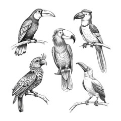 Monochrome Engraved Wildlife Set: Exotic Birds for Editorial Design