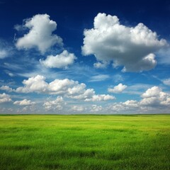 Obraz premium A stunning view of a vibrant green field under a bright blue sky filled with fluffy clouds