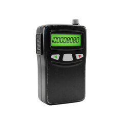 A black pager with a green digital display showing numbers and buttons isolated on transparent background