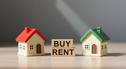 Wooden Houses With Buy and Rent Words Representing Choices