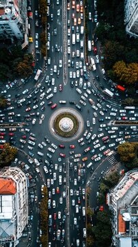 Aerial view of a busy city roundabout