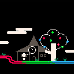 Pixel Art 8bit Style Illustration of child standing Qustionly with Apple Tree And RGB Floor Lines