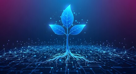 Digital plant and glowing network data connection. Smart agriculture and futuristic technology. Blue illuminated seedling with electric roots growing from a circuit board grid.