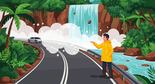 Tropical road trip adventure: Journey through lush landscapes and misty waterfalls