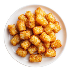 Tater tots on white plate, on a white background.