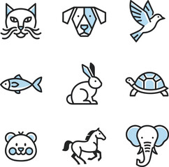 A collection of nine stylized, minimalist line-art icons representing various domestic and wild animals, including a cat, dog, bird, fish, rabbit, turtle, be...