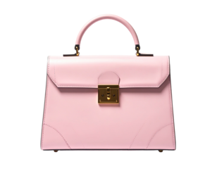 Elegant pink handbag with curved handle, gold lock, and structured design