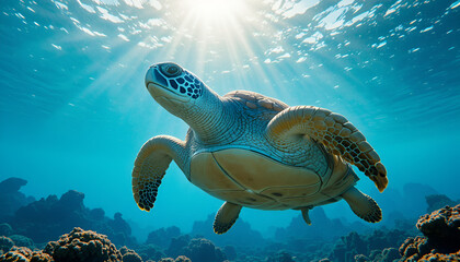 Sea turtle gracefully swimming underwater with sun rays shining through water