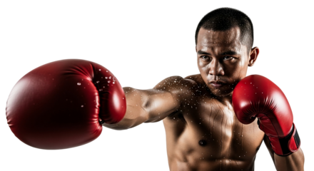 Muscular Boxer in Red Gloves Delivering a Powerful Punch.