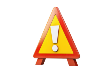 Yellow and red warning triangle sign with exclamation mark isolated on transparent background. Warning sign with an exclamation mark isolated on white background, 3d rendering.