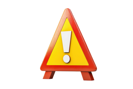 Yellow and red warning triangle sign with exclamation mark isolated on transparent background. Warning sign with an exclamation mark isolated on white background, 3d rendering.