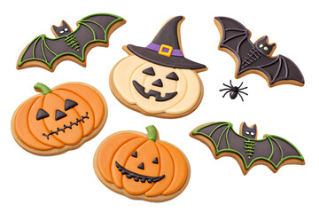 Naklejka premium Halloween Cookies with Pumpkins, Bats, and Witch Hat 