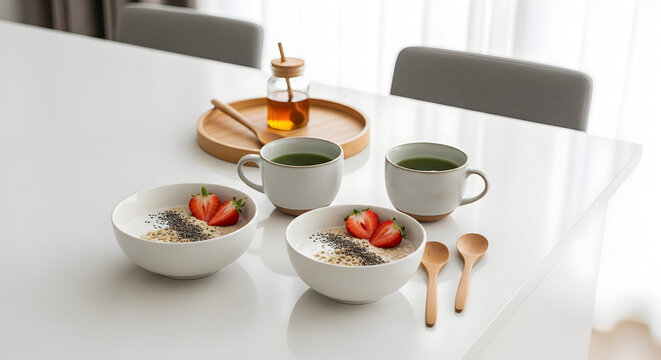 Healthy breakfast with bowls of yogurt, fresh fruit, and granola, served on a modern dining table, promoting nutritious eating and healthy meal choices for a balanced lifestyle