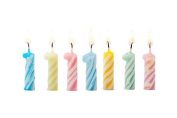 Festive birthday candles with candy cane decoration isolated on transparent background. Birthday number candles with light isolated on white background.