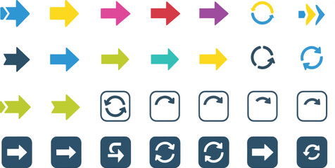 A collection of diverse arrow and circular refresh icons in various colors and styles, representing direction, movement, and renewal.
