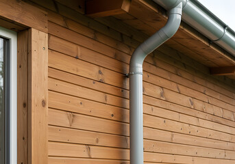A modern house with wooden siding and a gray gutter system, showcasing architectural design and rainwater management