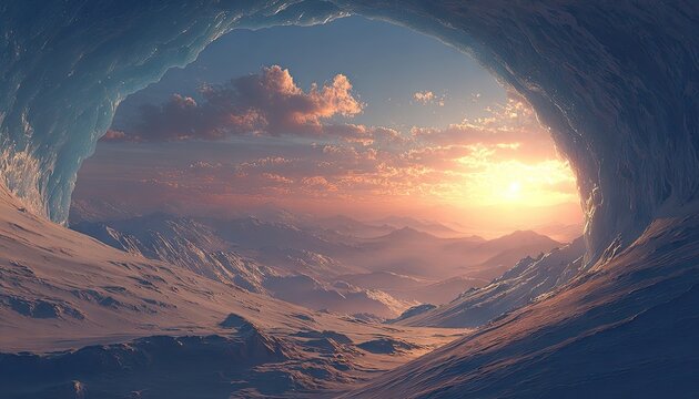 Ice cave reveals snowy mountain vista at sunset