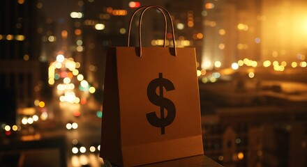 Shopping bag with dollar sign representing finance and commerce at night
