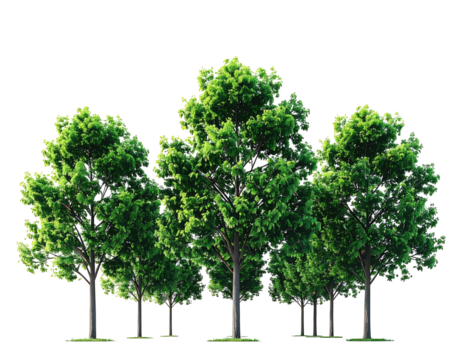 A group of vibrant green trees with lush foliage against a transparent background - Powered by Adobe