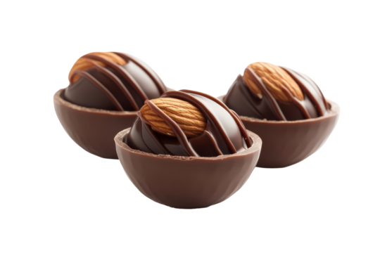 Gourmet chocolate truffles with nut filling isolated on transparent background. Almonds nuts in chocolate isolated on white background.