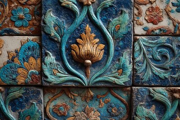 Beautiful Warm Patina Ceramic Tiles in Iznik Style Showcasing Intricate Designs Generative AI