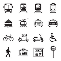 Set of public transportation related icons minimal flat graphic transport symbol silhouette vector transparent background.
