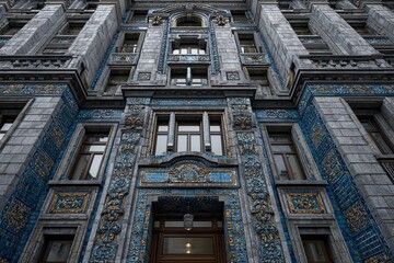 This Striking Building Facade Showcases Intricate Tile Work in Vibrant Blues and Elegant Patterns