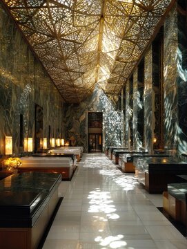 Grand hall with ornate ceiling, rows of beds