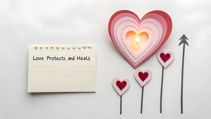 Heart shaped candle with paper hearts on a white surface