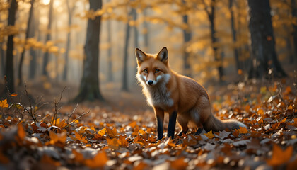 A red fox stands in the autumn forest with golden leaves on the ground