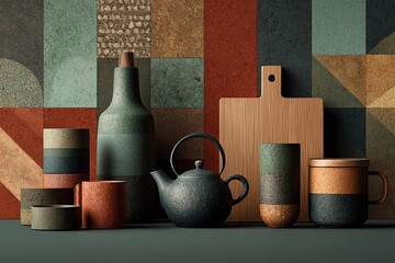 Beautifully Arranged Kitchenware Against a Textured, Colorful Backdrop Generative AI