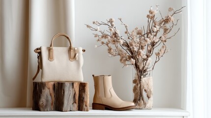 Beige Handbag and Boots Display on White Pedestal with Branch.