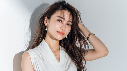 女性が白いブラウスで明るく笑う