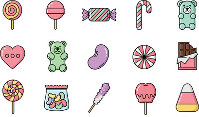 A vibrant collection of colorful, flat-designed candy illustrations, featuring lollipops, gummy bears, candy canes, chocolate bars, and other sweet treats.