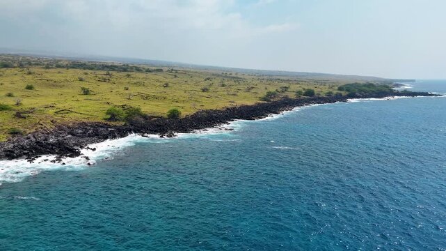 Aerial view of the rugged, dark rocky coastline meeting the turquoise ocean, juxtaposed with the vibrant green grassy plains, Hawi, Hawaii, United States.