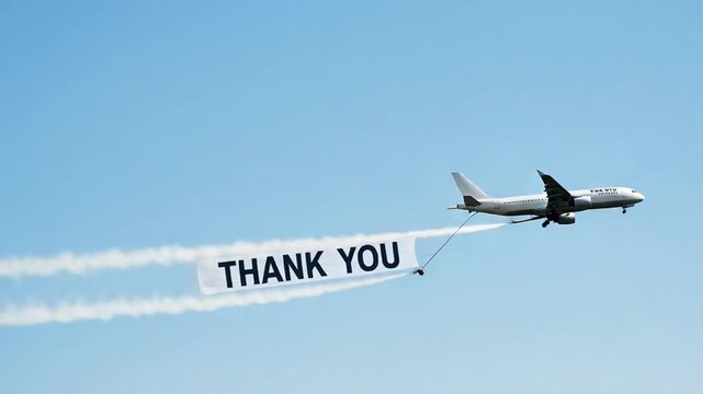 Airplane Pulling a Large Thank You Banner Across a Clear Blue Sky