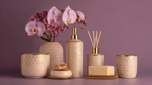 Beige Product Set with Gold Accents on Purple Background. - Powered by Adobe